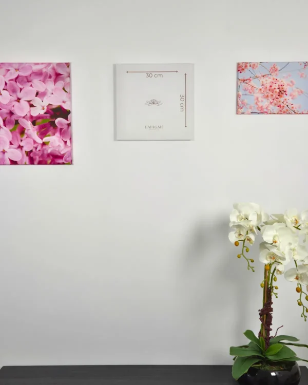 Fotoobraz na płótnie z wymiarami 30x30 cm na ścianie we wnętrzu z aranżacją kwiatów