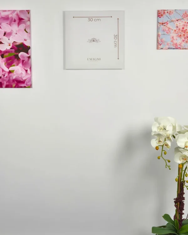 Fotoobraz na płótnie z wymiarami 30x30 cm na ścianie we wnętrzu z aranżacją kwiatów