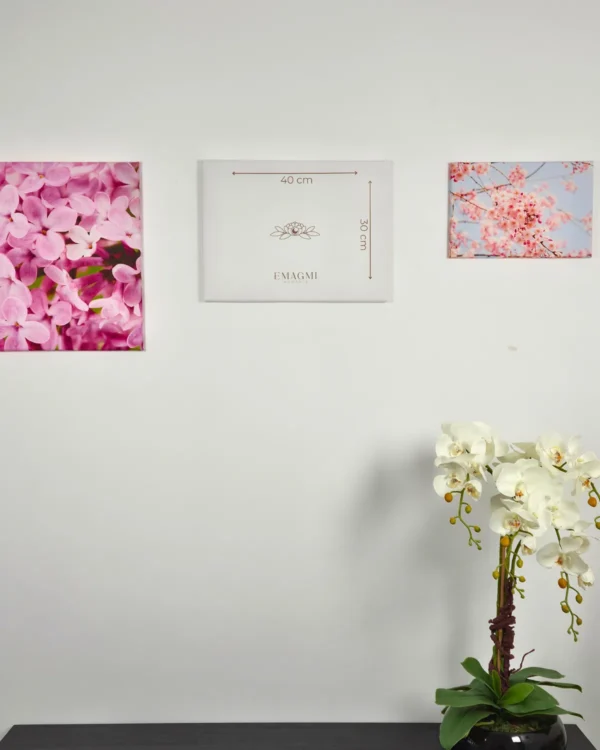 Fotoobraz na płótnie z wymiarami 40x30 cm na ścianie we wnętrzu z aranżacją kwiatów