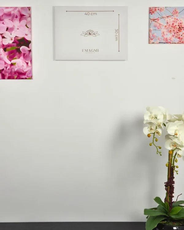 Fotoobraz na płótnie z wymiarami 40x30 cm na ścianie we wnętrzu z aranżacją kwiatów