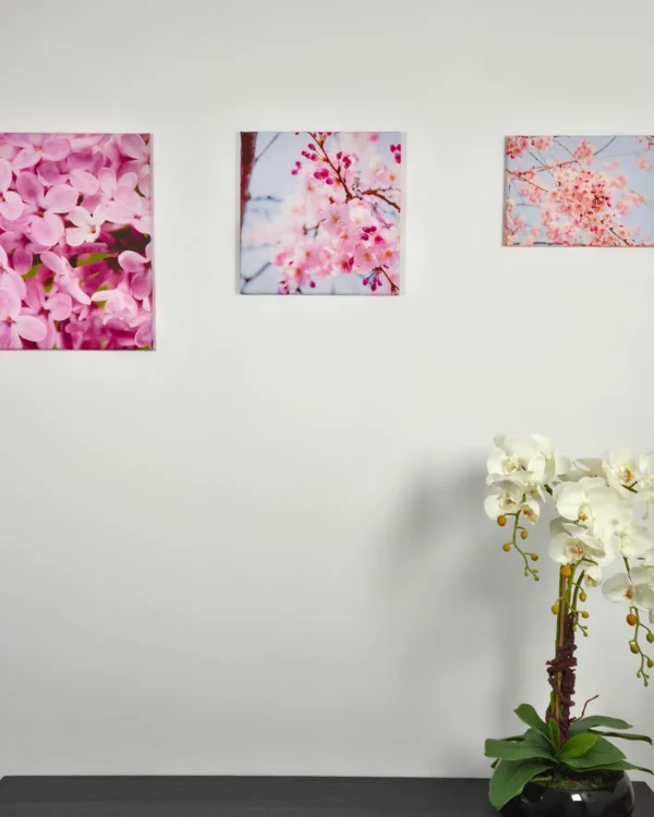 Fotoobrazy na płótnie na ścianie we wnętrzu z różowymi kwiatami i storczykiem