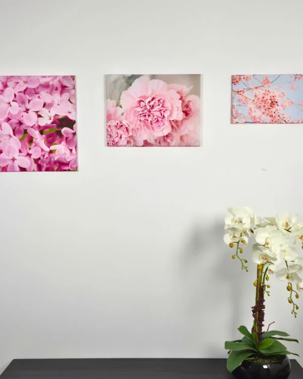 Fotoobrazy na płótnie na ścianie we wnętrzu z różowymi kwiatami i storczykiem