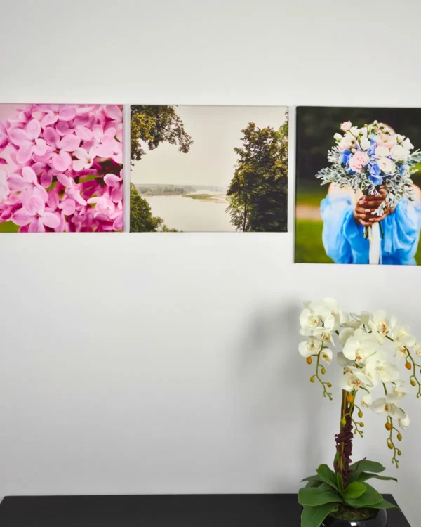 Trzy fotoobrazy na płótnie w aranżacji na ścianie we wnętrzu