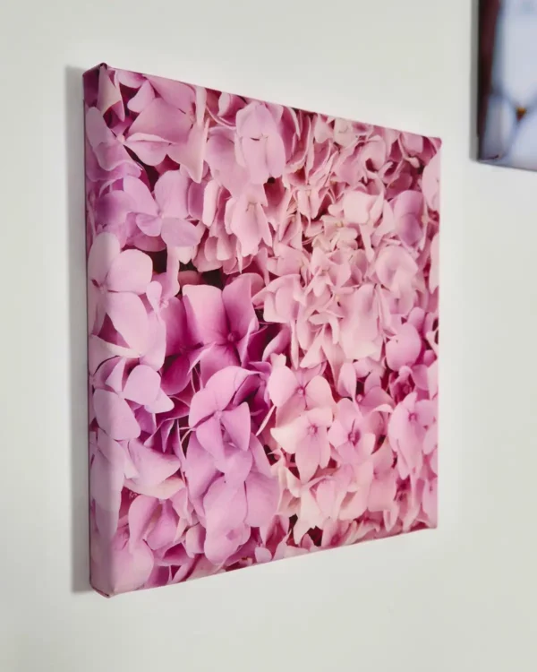 Fotoobraz ze zdjęcia różowych kwiatów 20x20 cm na płótnie – widok z boku
