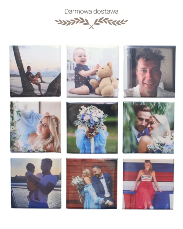 Zestaw kwadratowych magnesów ślubnych z personalizowanymi zdjęciami pary i motywami kwiatowymi